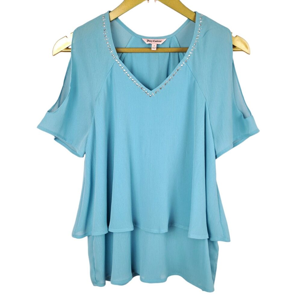 Juicy Couture Cold Shoulder Sleeve Top Blue Tired Size S Evening Embellished